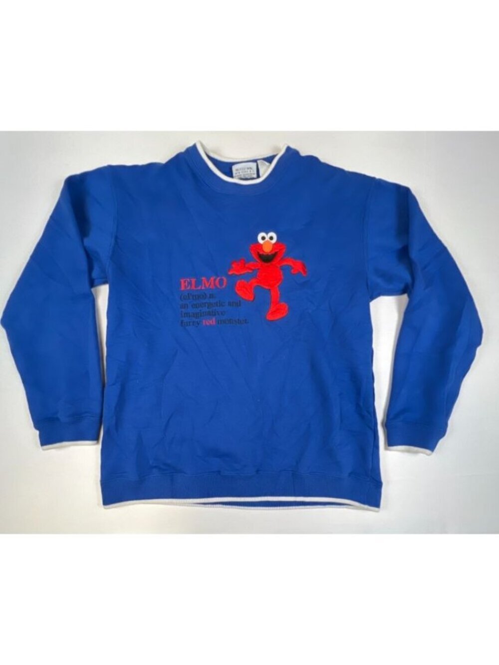 Vintage Sesame Street Women M Elmo Ringer Sweatshirt Blue Graphic Spellout Knit